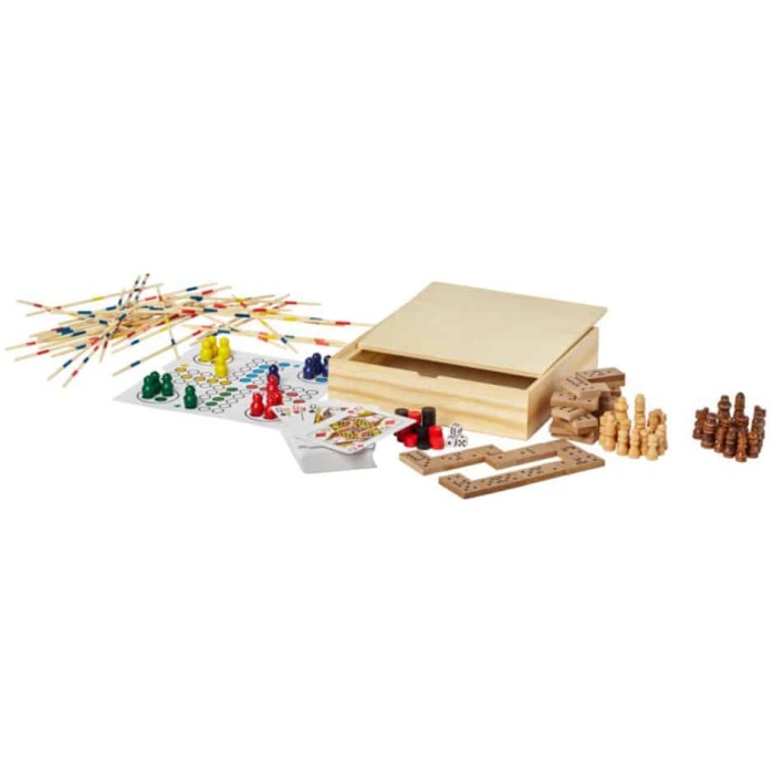 Multi-game set in a wooden box